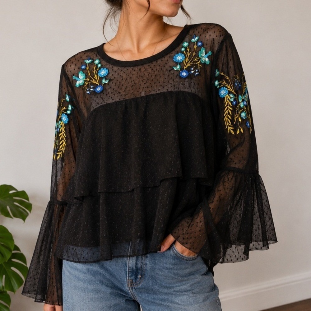 Karri Blue Embroidered Mesh Blouse Medium Boho Fairycore Romantic Top